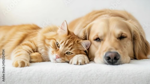 Adorable Cat and Dog Relaxing Together on Soft Couch Surface