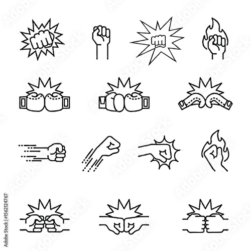 set of fighting icons, fist fighting. Thin line style stock art vector..epsA dynamic set of fist fighting and combat-related icons designed in clean thin line style. Includes various hand gestures, pu