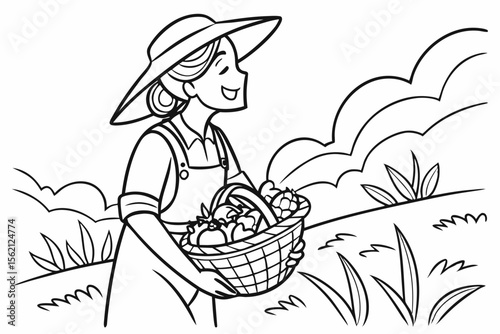An everyday hero farmer, a woman with a wide hat, proudly showing her harvest of fresh vegetables. Simple and heartwarming line art for a coloring page, black and white
