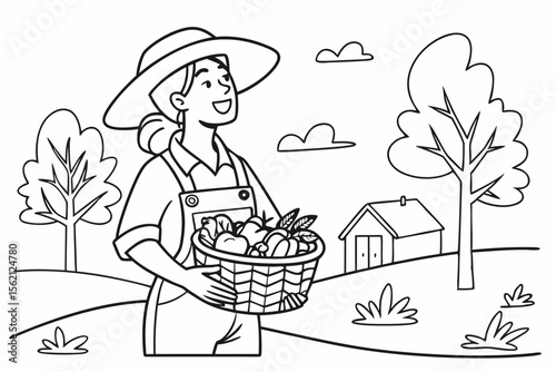 An everyday hero farmer, a woman with a wide hat, proudly showing her harvest of fresh vegetables. Simple and heartwarming line art for a coloring page, black and white