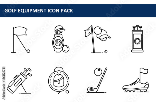 Golf equipment icons in a simple line art style. Outline illustrations of golf flags, bags, balls, and shoes for a professional golfer's setting.
