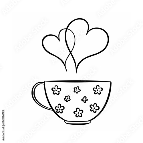 A teacup with floral pattern two hearts above it love