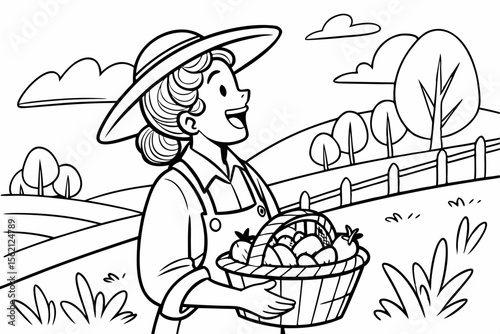 An everyday hero farmer, a woman with a wide hat, proudly showing her harvest of fresh vegetables. Simple and heartwarming line art for a coloring page, black and white