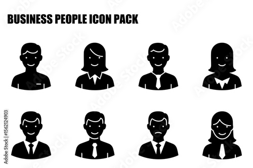 Business people icon pack of various demographics in formal wear. Smiling and neutral expressions are shown in a variety of headshots in a professional setting.