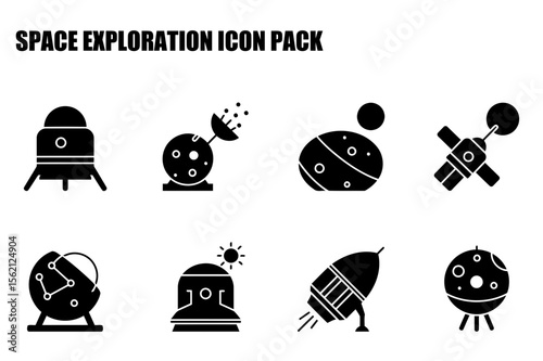 Space exploration icon set showing various spacecraft, planets, and satellites in a flat style. Collection of space-related items with no people or specific location.