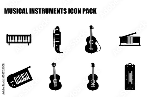 Musical instrument icons in various styles with solid black silhouettes. Collection of keyboard, acoustic instruments, and stringed instruments displayed in a neutral, white background.