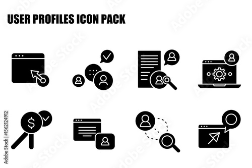 User profile icons in a digital setting. Various user profile actions, such as searching, connecting, and managing profiles, are represented.