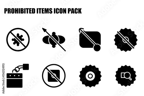 Prohibited items icon set with various objects in black and white. Prohibited items illustration with universal symbols for a simple graphic icon pack.
