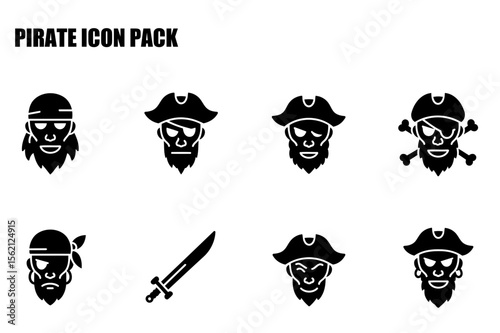 Pirate icon pack showing various pirate head portraits in different poses and accessories. Silhouette style pirate icons against a plain white background.