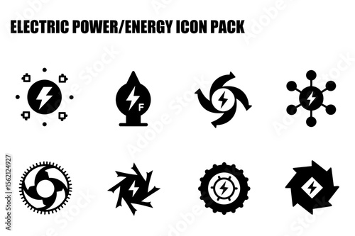 Electric power/energy icons in various forms, diverse and technical. Set of graphic symbols for use in electronic design, engineering, and technology.
