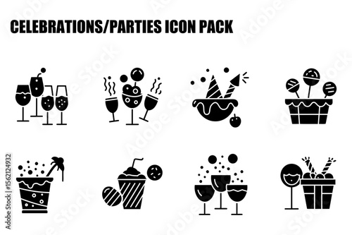 Celebration party icons in various forms of food and drinks. Collection of party icons with various refreshments.