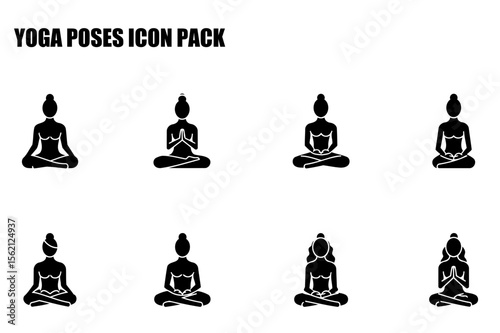 Yoga poses for women in various poses with a simple, graphic style. Different yoga poses illustrated with female figures in a studio setting.