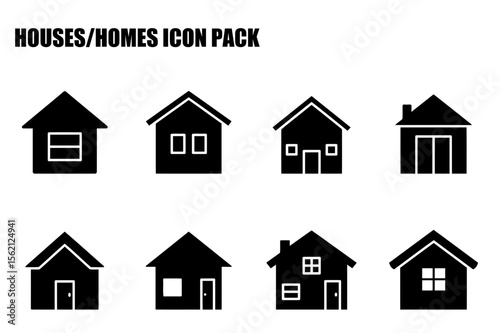 Simple house icons displayed on a white background. Collection of various home silhouettes with different architectural styles.