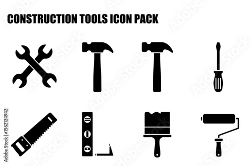 Construction tools icons in various styles. Silhouette illustrations of hammers, wrenches, saws, screwdrivers, levels, and paint rollers.