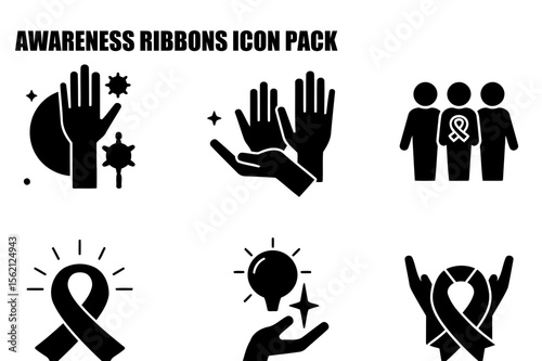 Awareness ribbon icons depicting support for various causes. Diverse group of people with awareness ribbons in a simple, vector style.