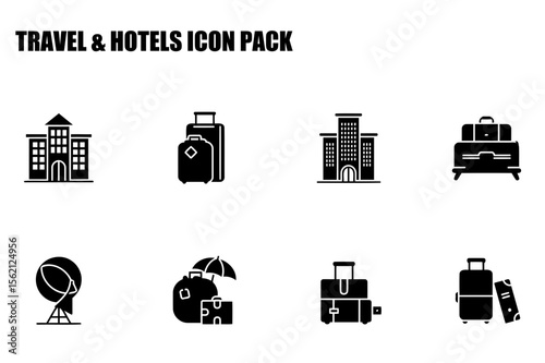 Travel and hotel icons, showing buildings, suitcases, and travel accessories. Simple, black and white icons for use in travel or hospitality related applications.