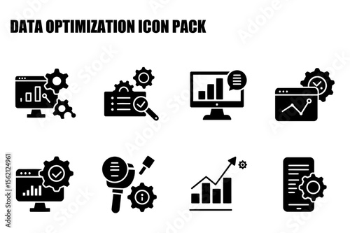 Data optimization icon pack depicting various elements related to data management, analysis, and improvement.