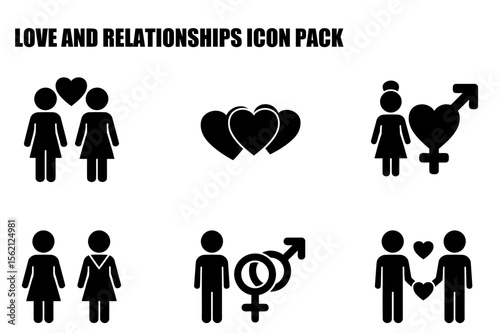 Love and relationship icons depicting various gender pairings in a simple, symbolic design. Diverse pairings of individuals presented in a white background.