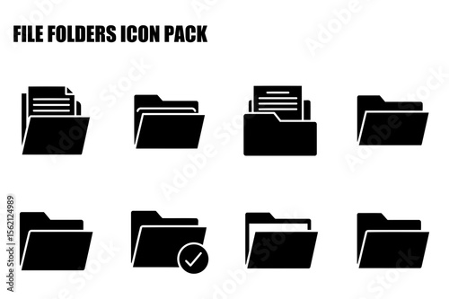 File folders icon pack. various file folder designs with different features for digital storage.