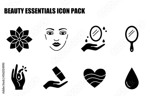 Beauty essentials icons in a set with various cosmetic and skincare themed elements. Abstract design elements for a user interface or print media.