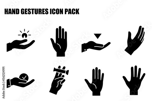 Hand gestures icon pack displaying various hand positions and actions. Diverse hand postures in a flat, graphic design style.
