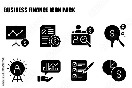 Business finance icons depicting various financial aspects in a professional setting. Presentation of data, financial documents, personnel data analysis, financial growth, and financial planning.