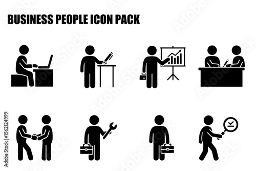 Business people icons in various work scenarios. Diverse business professionals in various work settings, demonstrating collaborative, presenting, and individual work.