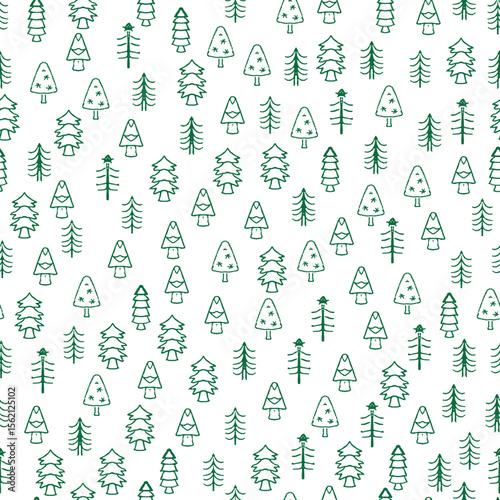 green fir trees doodle vector seamless pattern