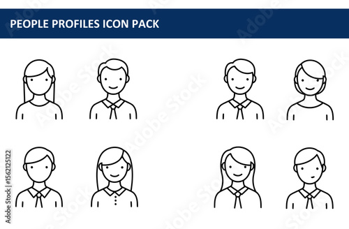 Profile icons of diverse people in business attire. Simple, smiling figures in various poses.