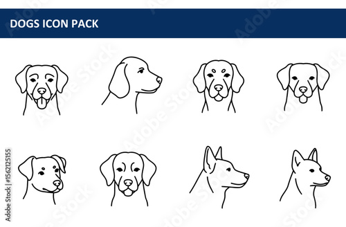 Dog breeds icon set in various poses. Line art illustrations of canine profiles. Generic dog breeds in different poses for use in a dog icon pack. Various breeds.