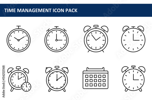 Time management icons in a set displaying various timekeeping tools. Simple line art illustrations of clocks, stopwatches, alarm clocks, and a calendar.