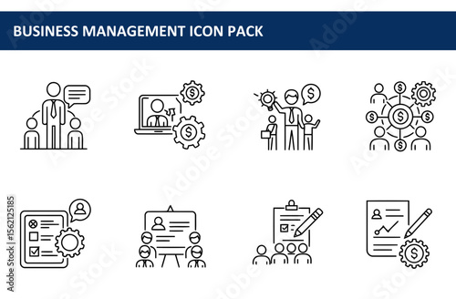 Business management icons depicting various workplace scenarios in a professional setting.