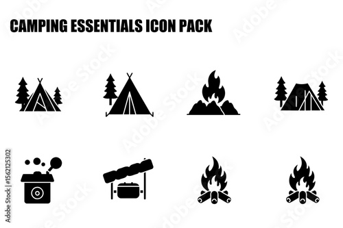 Camping essentials icons, various camping equipment and activities. Simple, black and white illustrations of camping tents, campfire, cooking equipment, and other camping accessories.