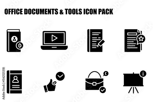 Generic office documents and tools icons in a digital format. A collection of flat, black icons depicting various document management, learning, and communication tools.