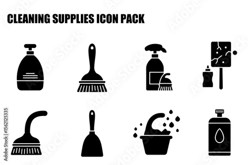 Cleaning supplies icons set with various tools for home use. Silhouette illustrations of cleaning products and tools in a simple, graphic style.