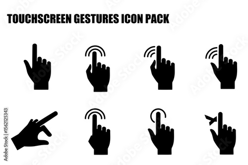 Touchscreen gesture icons depicting various actions on a device. Simple hand shapes illustrate different gestures for navigating digital interfaces.