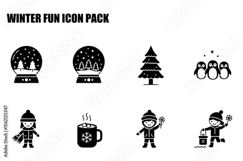 Winter fun icons featuring a child in winter attire holding a snowflake, a child in winter attire with a bucket, a hot beverage with ice, snow globes, a christmas tree, and penguins.
