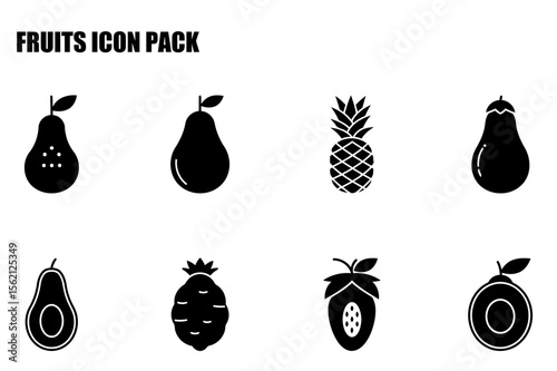 Fruit icons in various styles displayed against a white background. Simple, flat designs of common fruits for use in a variety of applications.