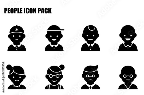 Silhouette illustrations of diverse people in various ages and expressions. Simple avatar icons of children, teenagers, and adults in casual and formal attire.