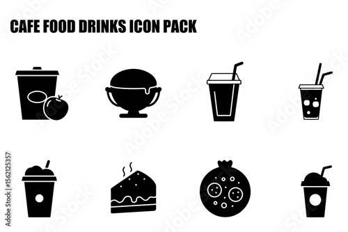 Cafe food and drink icons for various applications. Simple black and white icons depicting various cafe items, including juice, ice cream, drinks, cake, and fruit.