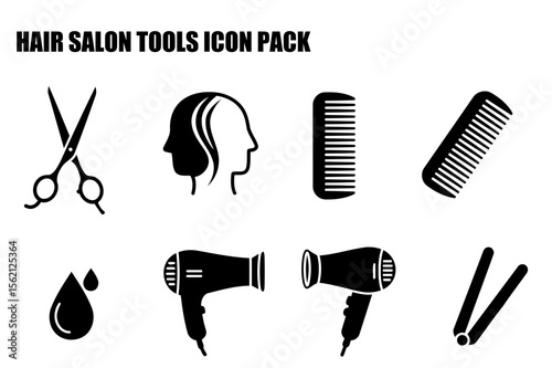 Hair salon tools icons for professional use in a hair salon. Simple, black and white illustrations of scissors, hair dryer, comb, hair, and flat iron.