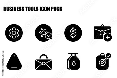 Business tools icons in a flat design style. Collection of simple, modern icons depicting various business functions, such as settings, optimization, finances, and communication.