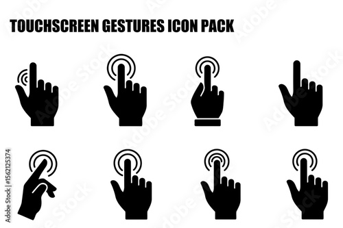 Touchscreen gesture icons depicting various actions for mobile device interaction. Simple, black and white icons showing hand and finger positions with touch sensor effects for user interface design.