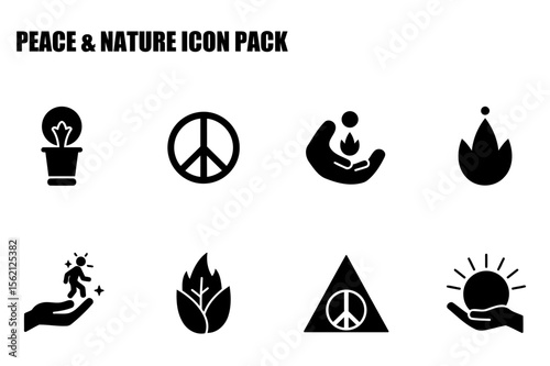 Peace and nature icons, assorted, symbolic representations of growth, peace, and nature. Collection of graphic elements for design use. Diverse icon set for universal application.