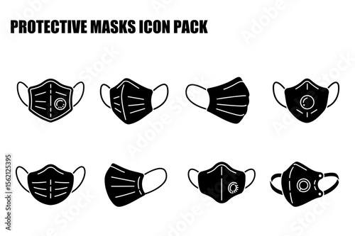 Protective mask icons for various viewpoints in flat style. Simple illustrations of protective masks in multiple views for use as medical icons or in various health-related settings.