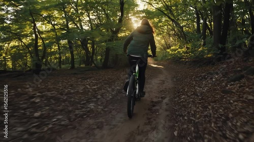 Wallpaper Mural Woman cycling through forest trail. Outdoor autumn ride along dirt path. Nature adventure with sport and sunlight. Ride highlights outdoor cycling. Sport motion in forest. Woman cycling sport ride. Torontodigital.ca