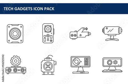 Line art collection of various tech gadgets. Collection of outline illustrations of various electronic devices, showcasing different types of audio equipment, cameras, and computer components.