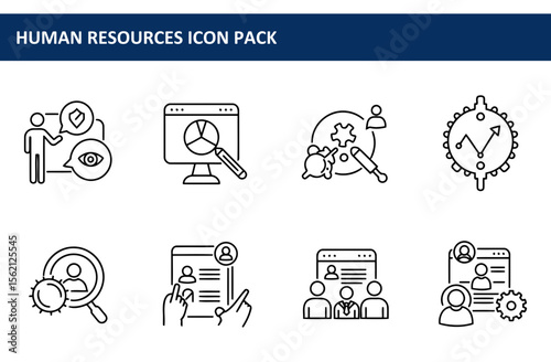 Human resources icon pack showcasing various business processes in a contemporary, minimalist style. Various actions and interactions related to HR departments.