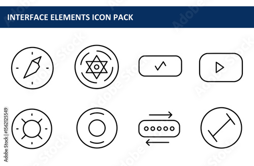 Line art interface icons for a digital user interface design project. Various icons display actions such as playback controls and navigation.