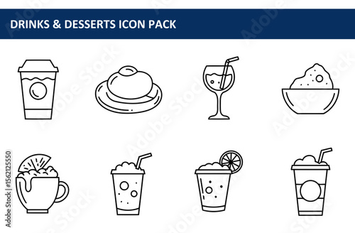 Drinks and desserts icon set for cafe or restaurant use. Simple line art illustrations of various drinks and desserts, presented in a flat style.